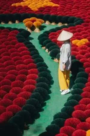 Traditional pink and red incense sticks splayed out at Quang Phu Cau village.