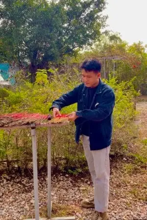 Tourists are drying incense sticks at the incense-making village.
