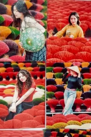 Extremely colorful photos of tourists at Quang Phu Cau incense village.