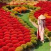 A Vietnamese woman wearing an ao dai poses for a photo next to incense sticks arranged in the shape of a map of Vietnam at Quang Phu Cau incense village.