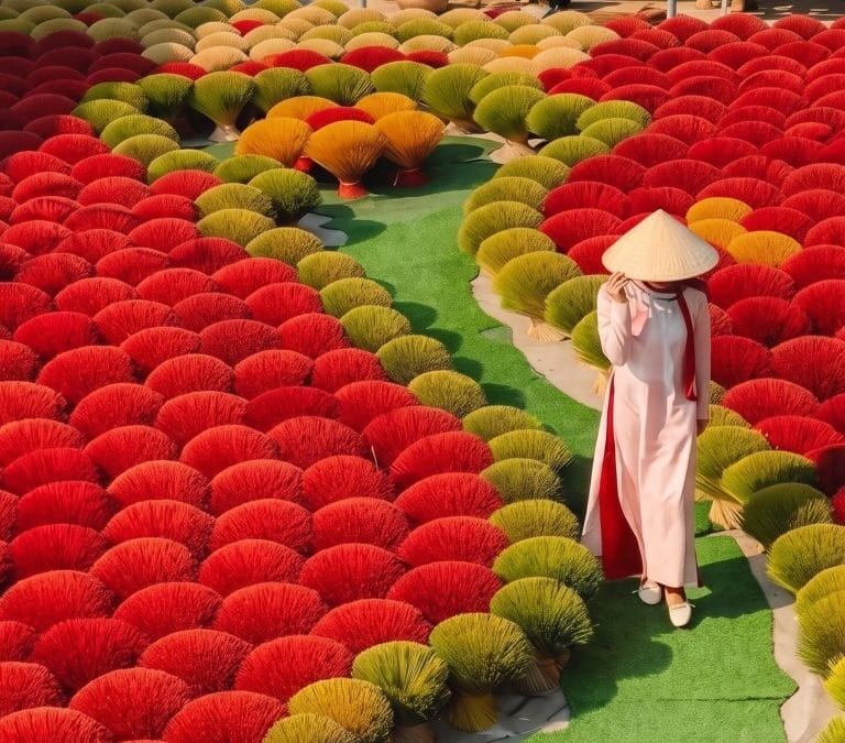 A Vietnamese woman wearing an ao dai poses for a photo next to incense sticks arranged in the shape of a map of Vietnam at Quang Phu Cau incense village.