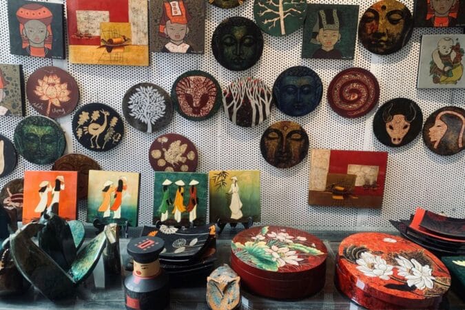 Handicrafts are displayed at a small lacquer workshop located deep within Ha Thai village.